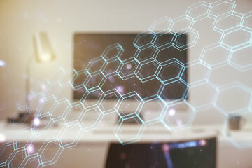 Poster - Double exposure of technology hologram with hexagon on laptop background. Research and development software concept