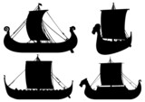 Fototapeta Kosmos - Fantasy viking ships silhouettes set / Variations of medieval viking ships under sails 