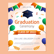 Graduation Ceremony Poster Invitation Student Cap, Garland And Ballons. Vector Layout Template. Degree Ceremony Invite. Student Flyer Design.