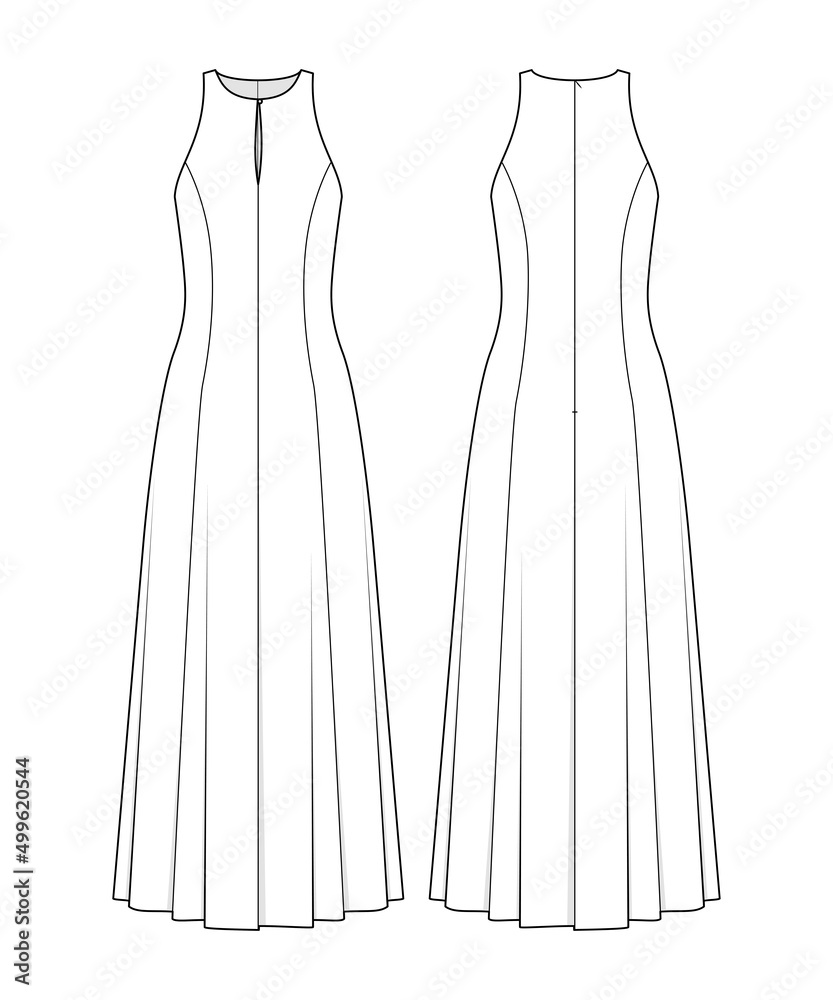 Fashion technical drawing of halter neck midi dress. Fashion flat sketch.  Stock Vector | Adobe Stock
