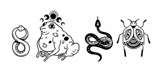 Sticker - Mystical trippy isolated cliparts bundle, goblincore aesthetics, mystical toad, creepy insect, snake - esoteric witchy stuff, black and white illustration