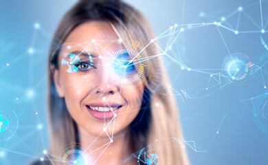 Poster - Attractive businesswoman is watching at digital interface with p