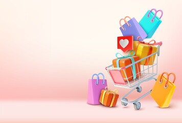 Poster - 3d Metal Shopping Cart Plasticine Cartoon Style. Vector illustration of Trolley Market with Paper Bags and Present Gift