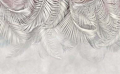 photo wallpaper with tropical leaves. decorative fresco in the grunge style. palm leaves on a gray b