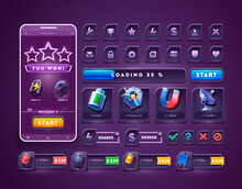 Set Of Icons And Buttons For 2d Space Game. Big Set Buttons For Games And App. Metal Game UI Kit. Space Game Icon.

