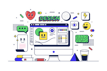 Poster - graphic design concept. table with computer and related icons. flat line 90s cartoon style. vector i