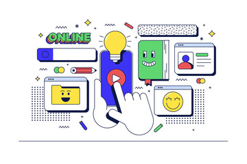 Wall Mural - online education concept. table with computer and related icons. flat line 90s cartoon style. vector