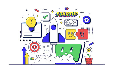Poster - startup concept. laptop, rocket and related icons. flat line 90s cartoon style. vector illustration