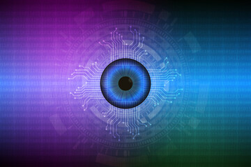 Poster - Digital eye with security scanning and futuristic circuit board electronic blue background. Eye viewing digital information. Abstract future science technology concept.