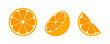 Orange slices. Citrus icons of orange. Round, half and slice of fruit for juice. Fruit with vitamin C. Flat icon isolated on white background. Vector