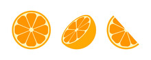Orange Slices. Citrus Icons Of Orange. Round, Half And Slice Of Fruit For Juice. Fruit With Vitamin C. Flat Icon Isolated On White Background. Vector