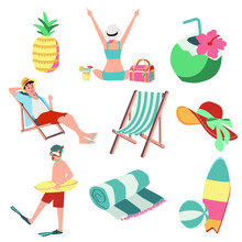Set Of Cute Vector Summer Stickers For Daily  . Collection Of  Elements For Beach Camping Party:cocktail,bag,ice Cream,bikini,beach Hat.Tropical Vacation.
