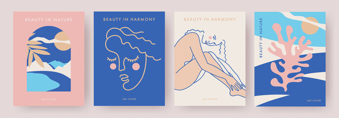 Wall Mural - poster set in modern art style. concept of beauty in harmony and nature. minimalist trendy illustrat
