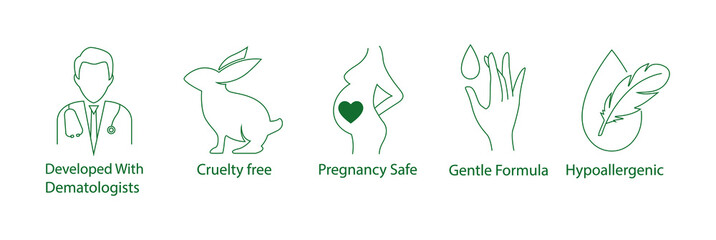 Wall Mural - Stretch Mark Prevention Cream packaging icon set developed with dermatologist, pregnancy-safe, cruelty-free, gentle formula, hypoallergenic 