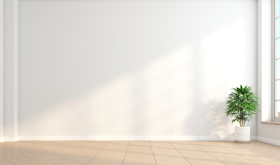 Wall Mural - Minimalist empty room with white wall and wooden floor and indoor green plants. 3d rendering