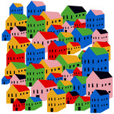 Fototapeta Natura - Cute little town with colorful houses flat vector illustration. Village houses collection.