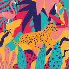 Wall Mural - Tropical flowers and leaves poster background with flamingo, toucan and leopard. Colorful summer vector illustration design. Exotic tropical art print for travel and holiday, fabric and fashion	