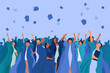 © Arniya - Graduates rejoice and throw their academic hats in the air, graduation students have fun, illustration in blue tones