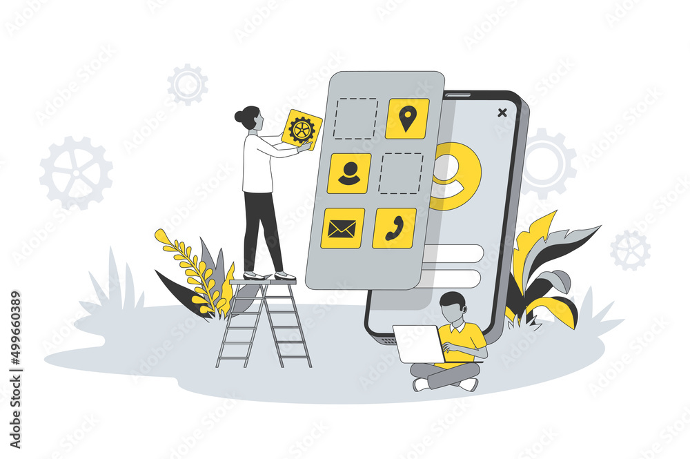 App development concept in flat line design. People create and optimize ...