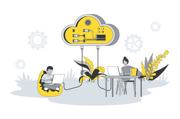 Poster - Cloud computing concept in flat line design. People upload files to cloud storage, processing data, create backups, using database and hosting server. Vector illustration with outline scene for web
