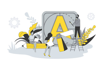 Fototapete - Designers team concept in flat line design. People working on creative project, creating font, choosing color palette and drawing graphic elements. Vector illustration with outline scene for web