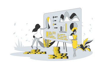 Poster - Economic report concept in flat line design. People analyzing financial charts and graphs, planning budget and manages money, savings and investments. Vector illustration with outline scene for web