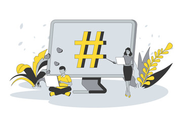 Poster - Social media concept in flat line design. People network using laptops or computers, chatting online, leaving feedback and likes, following blogs. Vector illustration with outline scene for web