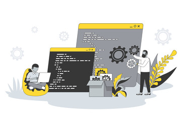 Aufkleber - Software development concept in flat line design. People write code, settings and testing, developing programs and applications, working at IT industry. Vector illustration with outline scene for web