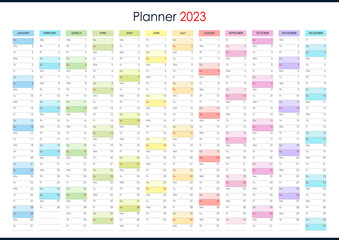 Planner calendar for 2023. Wall organizer, yearly planner template. Vector illustration. Vertical months. One page. Set of 12 months. English language.