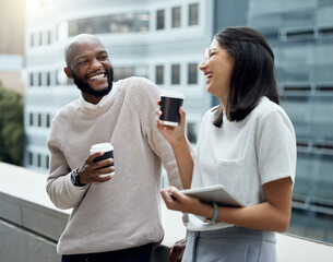 Poster - Business talk mixed with a little chit-chat. Shot of two businesspeople drinking coffee together outside an office.