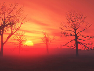 Wall Mural - 3d landscape with trees silhouetted against a sunset sky
