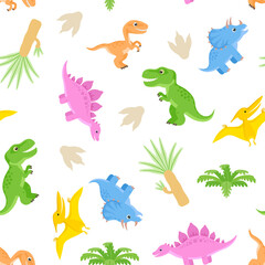 Wall Mural - Cute dinosaurs background. Childish seamless pattern with prehistoric Jurassic animals and plants. Vector flat illustration.