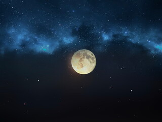 Wall Mural - moon on starry sky bright dark shiny clear nebula star flares fall background copy space template