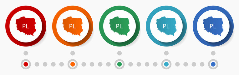 Leinwandbilder - Poland map concept vector icon set, infographic template, flat design colorful web buttons in 5 color options