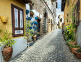 Fototapeta Uliczki -  Charming floral narrow streets of typical italian villages. Vallerano, medieval borgo of Italy in Laizo region