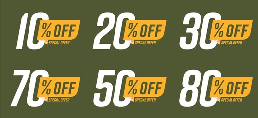 Wall Mural - Sale sticker or badge with price reduction in percentage. 10, 20, 30, 50, 70, 80 percent off special offer promotion design element set isolated on green background. Promo text vector illustration