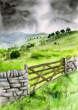 Watercolor Illustration Of A Green Meadow With Hills And Trees, With A Stone Fence And A Wooden Gate In The Foreground