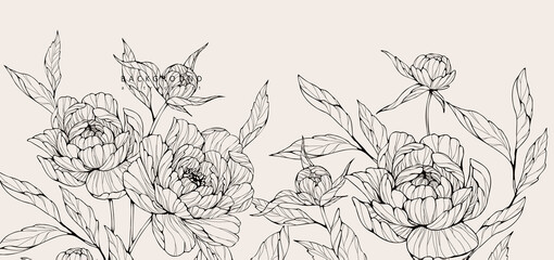Luxury botanical background with trendy wildflowers and minimalist flowers for wall decoration or wedding. Hand drawn line herb, elegant leaves for invitation save the date card. Botanical rustic