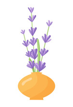 Lavender Flowers In A Ceramic Pot. Vector Illustration Of Lavender Blooming In A Modern Style. Indoor Plants In A Clay Pot. Gardening.