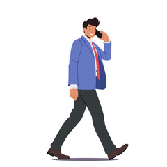 Poster - Business Man Talking by Smartphone Walking Isolated on White Background. Young Confident Businessman Go at Work
