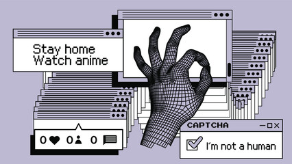 Poster - 3D vector illustration of a low-poly hand and Collage of user interface elements.