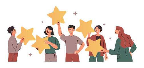 Positive user satisfaction rating concept. Young men and women hold stars and smile. Customers give feedback. Characters leave reviews or comments. Evaluating service. Cartoon flat vector illustration