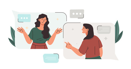 Poster - online discussion and video conference concept. young women communicate on social networks via video