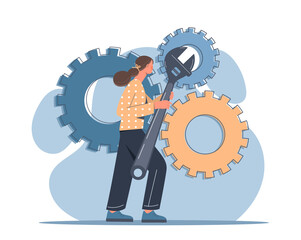 Poster - wrench equipment concept. young girl with gears. character fixes problems in mechanism, technician. 