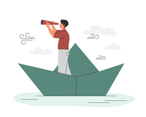 Poster - Man with telescope at ship. Origami and unusual transport. Metaphor of successful entrepreneur, vision of future and goal setting. Leadership and company development. Cartoon flat vector illustration