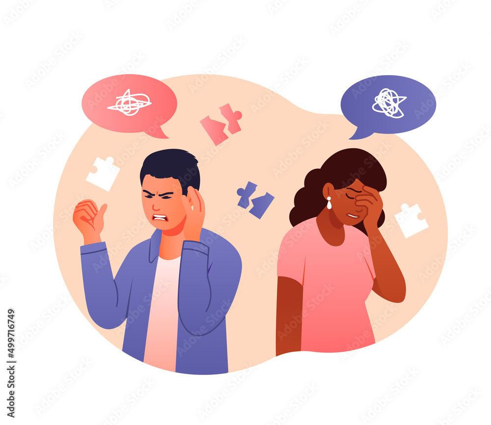 Mental health concept. Frustrated man and girl, family problems, bad ...