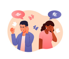 Mental Health Concept. Frustrated Man And Girl, Family Problems, Bad Relationship. Psychology Troubles, Depression, Sadness And Rage. Characters Worried, Stress. Cartoon Flat Vector Illustration