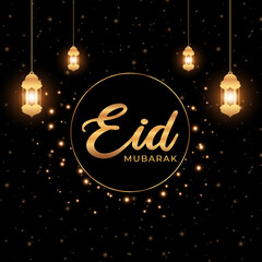 Wall Mural - Eid mubarak greeting card. Golden lanterns and stars on black background. Vector illustration