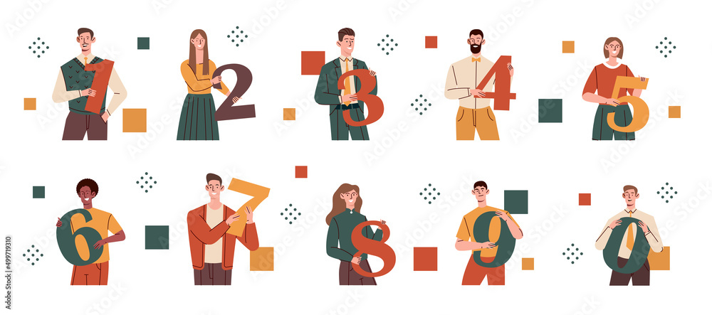 Set of happy people holding big numbers. Young smiling men and women ...