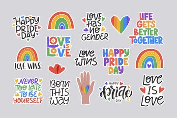 LGBT stickers vector illustration set. Concept for pride community. Happy Pride day, Love ia Love hand drawn modern lettering saying with rainbow. Festival slogan. Design for flyer, card, banner.